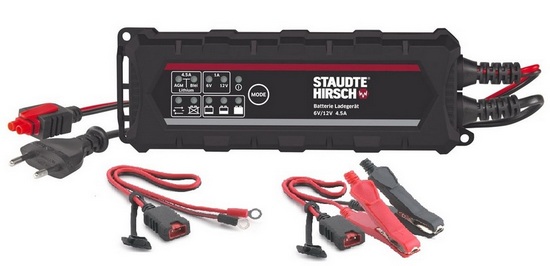 Staudte Hirsch (IVT) Automatik-Ladegerät SH-3.130, 4,5 Ah, für 6/12V Blei-Säure, Blei-Gel-, AGM- und 12V-Lithium-Akkus. Geeignet für Akku-Ah-Kapazität ab 12Ah