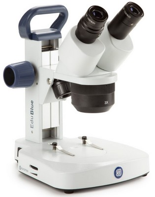 Euromex Stereomikroskop EduBlue mit 1x/2x/3x Objektivrevolver und Auf- & Durchlichtbeleuchtung (Zahnstangenstativ).